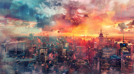 Fototapeta premium Panoramic Cityscape Watercolor
