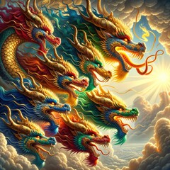 Obraz premium Celestial Serpent of Seven: A Hyper-Realistic, Multi-Headed Dragon with Vibrant Scales, Fiery Manes, and Golden Horns Soaring Majestically Through Sunlit Clouds in an Epic Display of Mythical Power