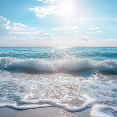 Fototapeta premium Turquoise waters shining under the sun, with gentle waves and foam rolling toward the shore in a calm and peaceful manner