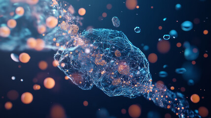 A stunning visualization of interconnected particles and glowing elements, representing complexity of molecular structures and scientific exploration. This image captures essence of innovation and dis