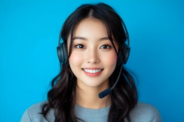 Smiling Asian Customer Service Representative with Bright Blue Background Offering Positive