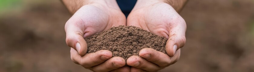 A person is holding a bag of dirt in their hands. The dirt is brown and he is from a garden. The person's hands are covered in dirt, indicating that they have been working in the garden