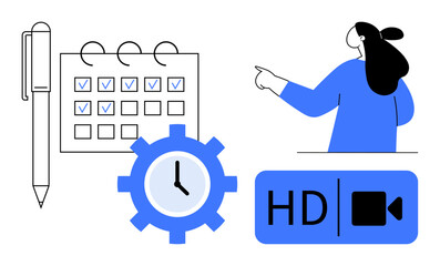 A person pointing, calendar with checkmarks, pen, clock gear, and HD video symbol in blue and black colors. Ideal for scheduling, productivity, online meetings, time management, organizational