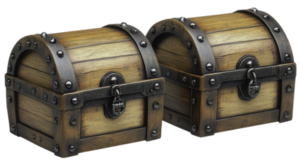 Two wooden chests with metal hinges and locks. The chests are brown and have a rustic appearance