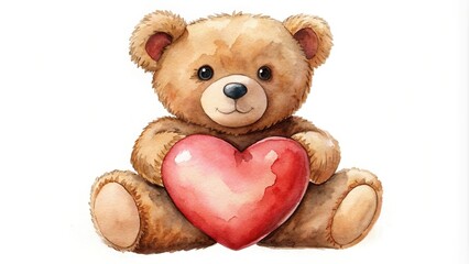 Symmetrical watercolor illustration of brown teddy bear holding heart