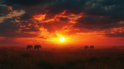 Majestic Elephants at Sunset Over Savannah