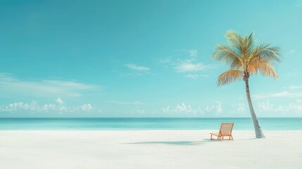 Fototapeta premium Tranquil Beach Scene with Single Palm Tree and Chair