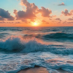 A beautiful turquoise sea with crashing waves and white foam under the vibrant glow of the setting sun on the horizon