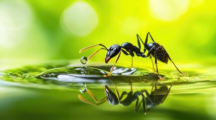 Naklejka premium Ant Interacting with Water Droplet in Nature