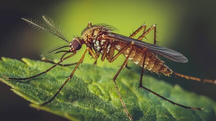 Detailed Close-Up of Mosquito Resting on Green Leaf