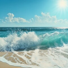 A bright sunny day with turquoise ocean waves crashing into the beach, creating white foam patterns under the sun's rays