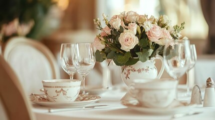 Elegant Dining Table Setup with Floral Centerpiece