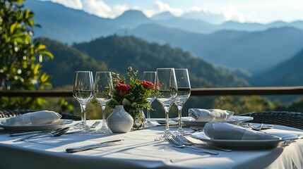 Fototapeta premium Elegant Dining Table with Scenic Mountain View