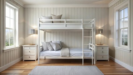 Symmetrical white bedroom with bunk bed and regular bed