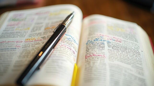 Close-Up of Highlighted Bible Verses and Notes