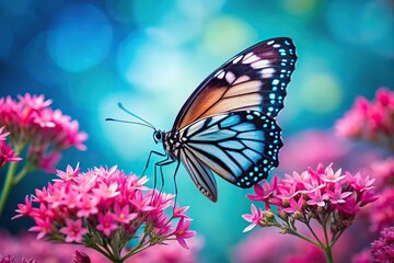 Vivid butterfly with pink black blue wings on flowers with turquoise background