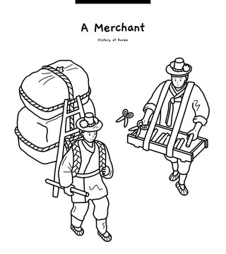 The characters in this illustration are Korean merchants of the Joseon Dynasty. They are bobusang and taffy peddlers, respectively.