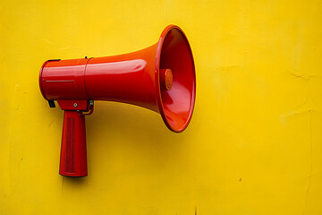 A bright red megaphone mounted on a yellow wall, symbolizing communication and announcements.