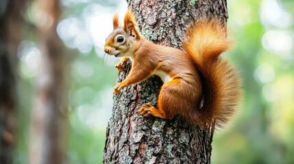 Fototapeta premium Slim Squirrel Climbing a Tree Trunk in Nature