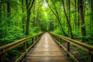Symmetrical wooden walkway through lush forest chine