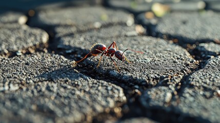 Fototapeta premium Ant Navigating Through Cracks in Pavement