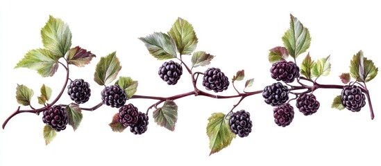 A branch of blackberries with leaves and berries, isolated on a white background.