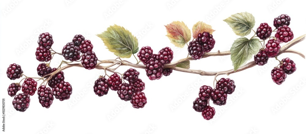 Sticker A branch of ripe blackberries with leaves, isolated on a white background.