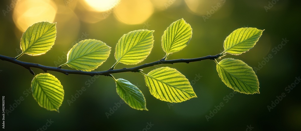 Poster A branch of green leaves backlit by the sun, showing intricate vein patterns, a bokeh background, and a sense of new growth.