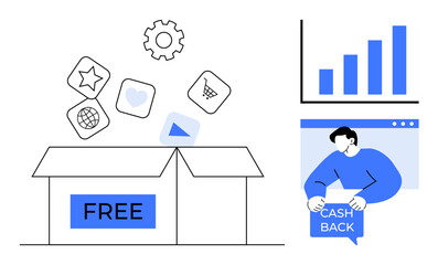 Open box labeled Free with icons above including a star globe shopping cart heart and play button, Customer holding Cash Back sign next to growth chart Ideal for marketing promotions customer rewards