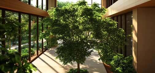 Fototapeta premium Green tree in modern architecture with large windows.