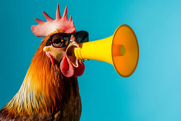 A rooster wearing sunglasses and shouting through a yellow megaphone against a blue background.