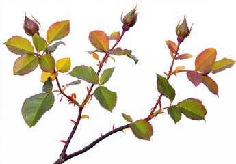 A close-up of a rose bush with three buds on a white background.
