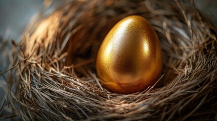 Fototapeta premium A golden egg nestled in a birdâ€™s nest, representing the concept of a retirement or investment fund.