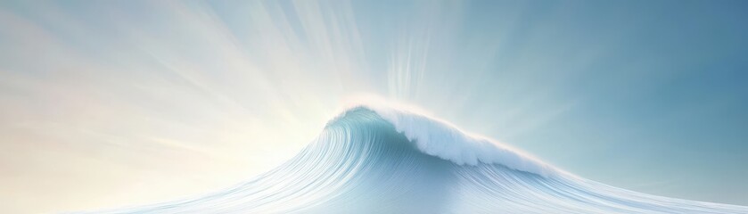 A wave is crashing on a mountain, with the sun shining brightly in the background. Concept of power and energy, as well as the beauty of nature. The contrast between the calmness of the mountain