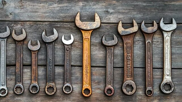 A row of wrenches sits on a rustic wooden surface, with a single yellow wrench standing out from the rest