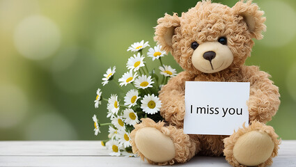 teddy bear with the message "I miss you" and flowers. I MISS YOU,  love, cute romance, couples card.,love background copy-space