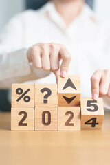 2024 to 2025 New year with questions mark and percentage icon. Interest rate, GDP, stocks market, financial, deflation and Inflation, mortgage, debt, Loan and Economic Recession