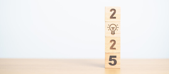 2025 block with lightbulb. Business Idea, Creative, Thinking, brainstorm, Goal, Resolution,...