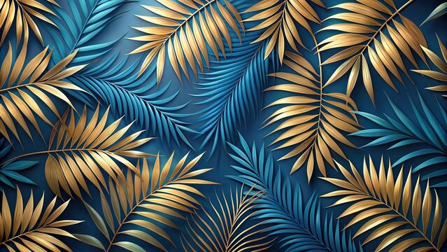 Wallpaper made of palm leaves in blue and gold, photorealistic pastiche style
