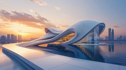 Futuristic Luxury Architecture: Curved Minimalist Design Against a Surreal Sunset Skyline