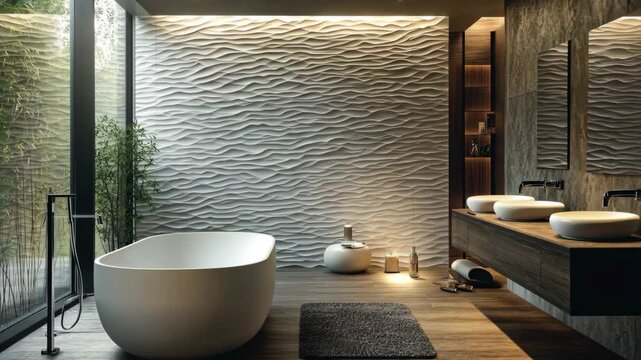 A modern bathroom with a white, freestanding bathtub and a wavy, textured wall