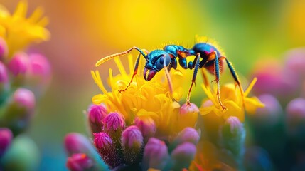 Colorful Ant on Vibrant Flower in Dynamic Close-Up Shot