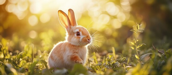 Fototapeta premium A cute bunny rabbit sits in a grassy meadow with a soft, sunlit background.