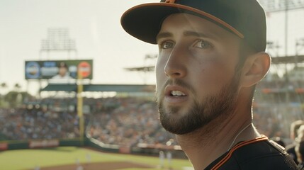 Obraz premium Close-up of professional baseball player gripping bat with intense focus, preparing to hit pitch during high-stakes playoff game, capturing the electrifying atmosphere of a crucial moment in baseball