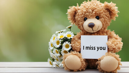 teddy bear with the message "I miss you" and flowers. I MISS YOU,  love, cute romance, couples card.,love background copy-space