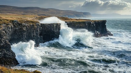Naklejka premium Dramatic Crashing Waves on Rugged Coastline