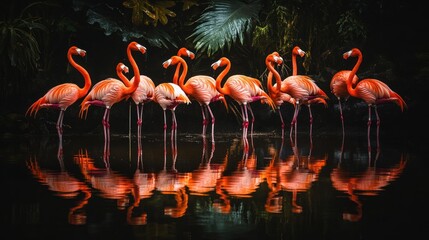 Obraz premium A flock of pink flamingos stand in a shallow body of water, their reflections visible in the dark water.
