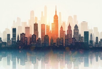 Illustration of City Skyline During Sunrise Or Sunset Reflected In Water