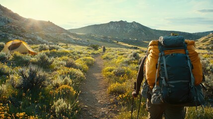 Hiking Trail Leading to Scenic Campsite at Sunset
