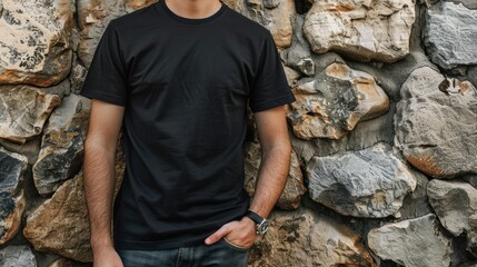 Man in Black T-Shirt Leaning Against Stone Wall